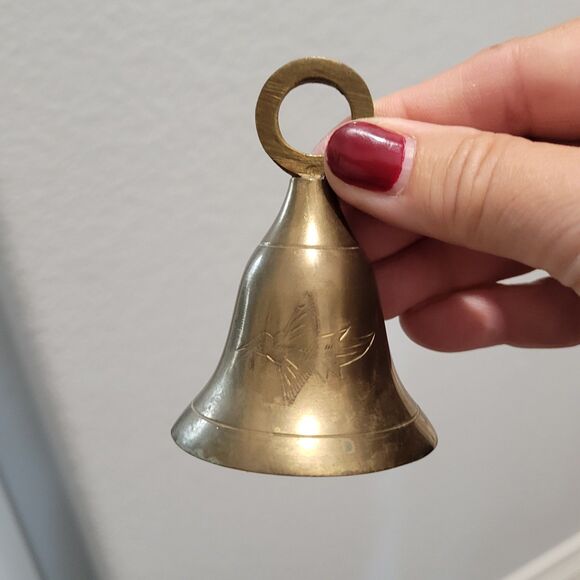 Solid Brass Hand Bell Etched Bird In Flight 3” Made In India Hummingbird Vtg - Picture 1 of 5